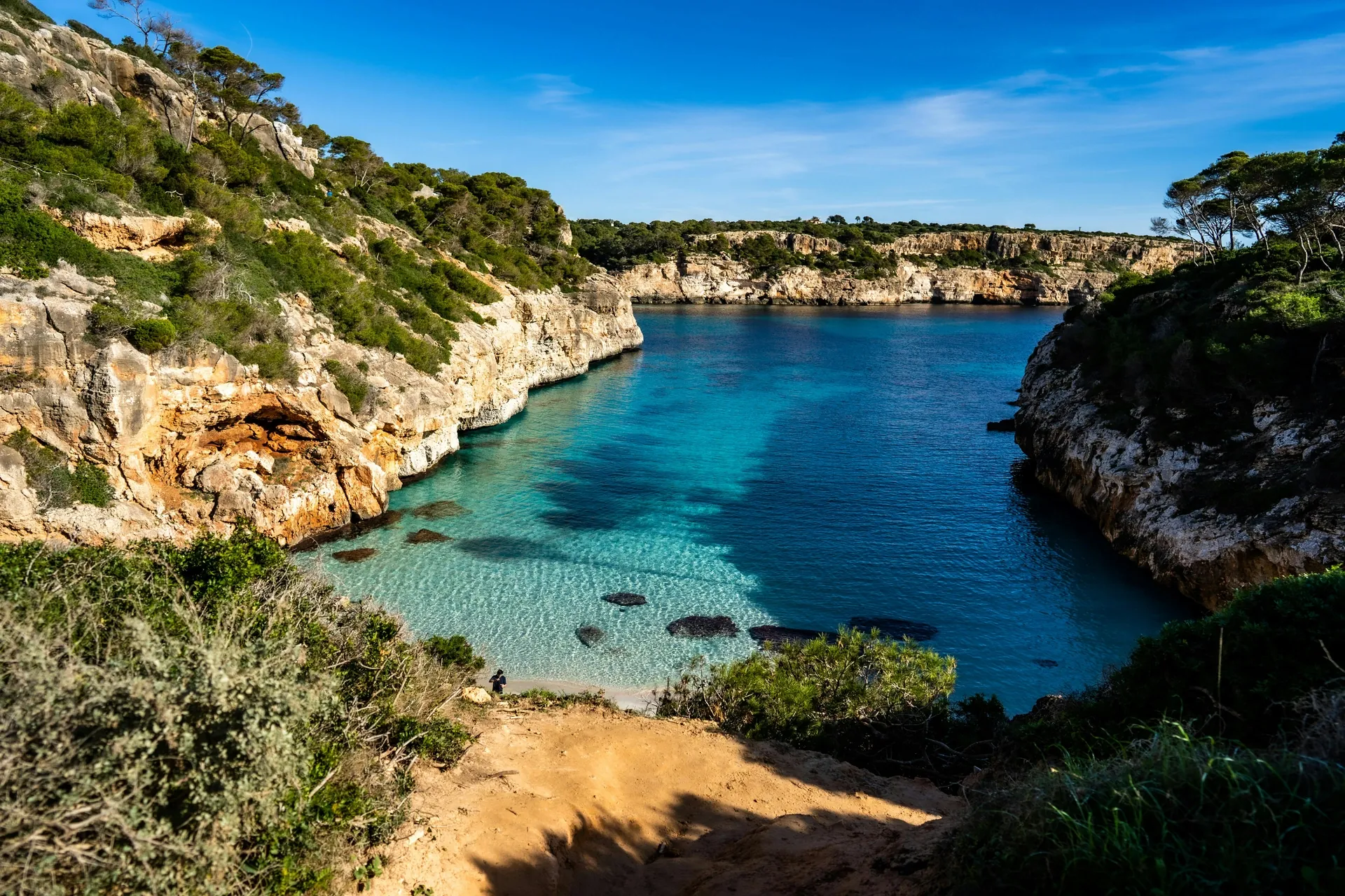 Turquoise cove between limestone cliffs in Mallorca